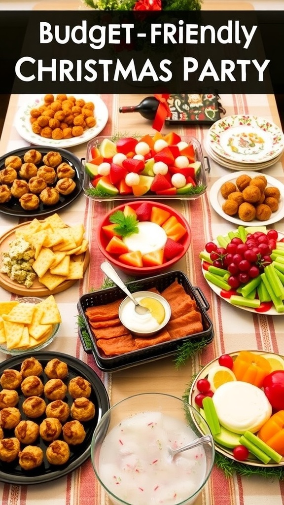 A festive table with budget-friendly Christmas party food including stuffed mushrooms, cheese platter, mini meatballs, vegetable platter, and holiday punch.